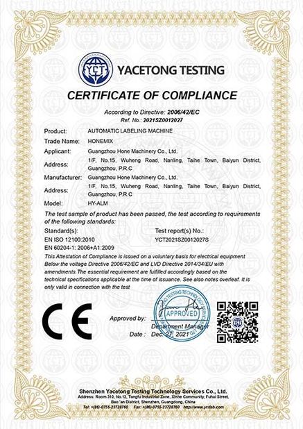 China Guangzhou Hone Machinery Co., Ltd. certificaten