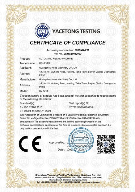 China Guangzhou Hone Machinery Co., Ltd. certificaten