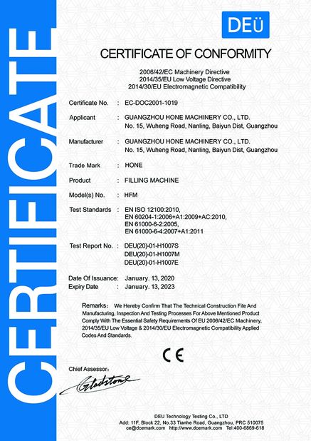 China Guangzhou Hone Machinery Co., Ltd. certificaten