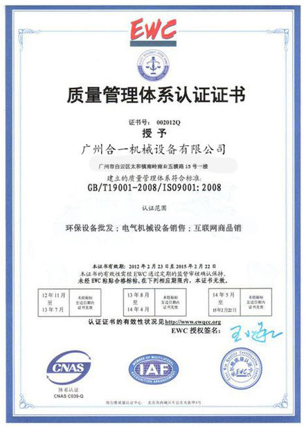 China Guangzhou Hone Machinery Co., Ltd. certificaten